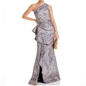 ✨Teri Jon for Rickie Freeman One Shoulder Jacquard Metallic Gown in Pink Lilac✨